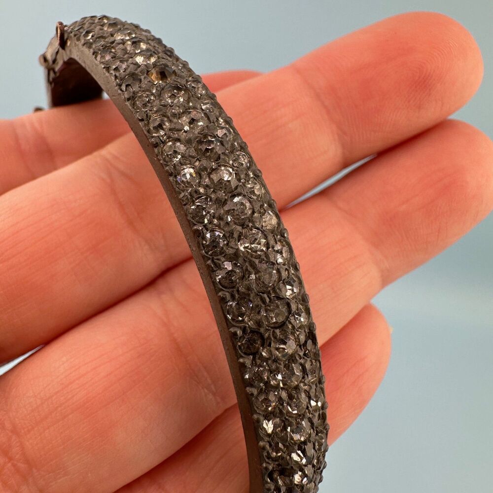 Vintage Paste Rhinestone Bracelet Old Pot Metal Hinged Bangle Silver Tone READ